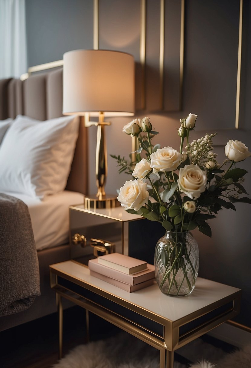 A sleek Art Deco nightstand sits beside a bed, adorned with a geometric lamp and a vase of flowers. The room exudes a sense of elegance and sophistication