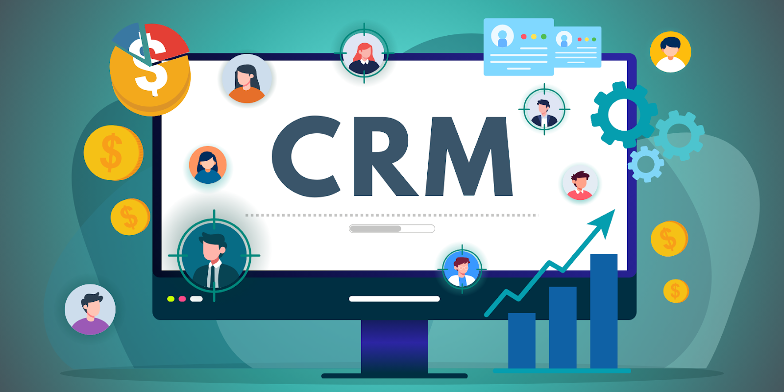 Computer screen displaying CRM data with icons and avatars representing lead prioritization based on CRM and sales interactions.