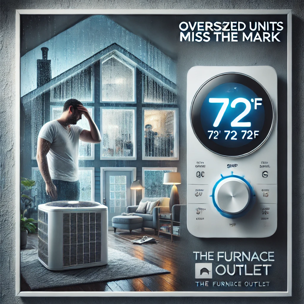 Damp indoor room with condensation on windows, showing oversized AC system causing high humidity despite thermostat showing cool temperature.