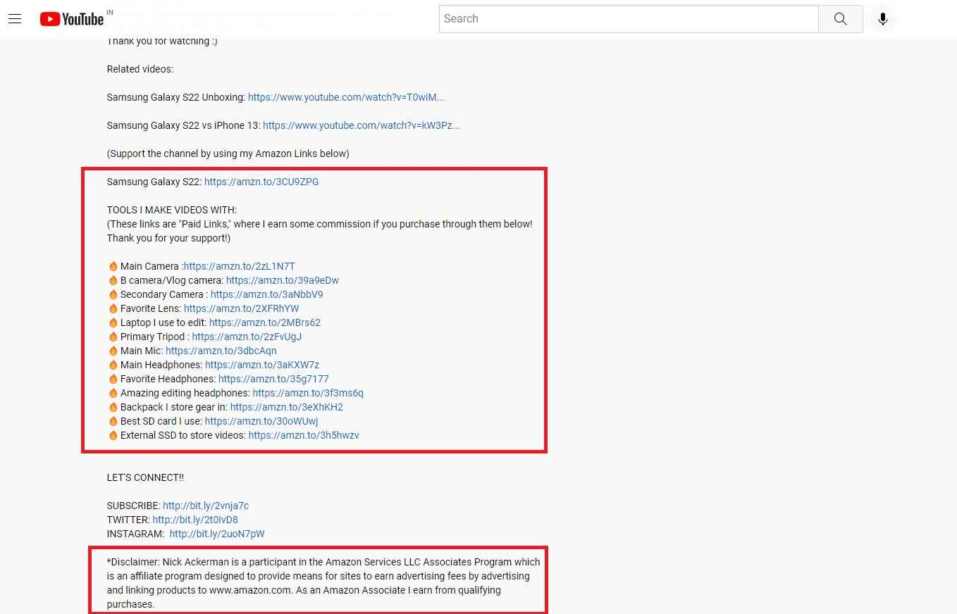 reference YouTube video description with multiple affiliate links