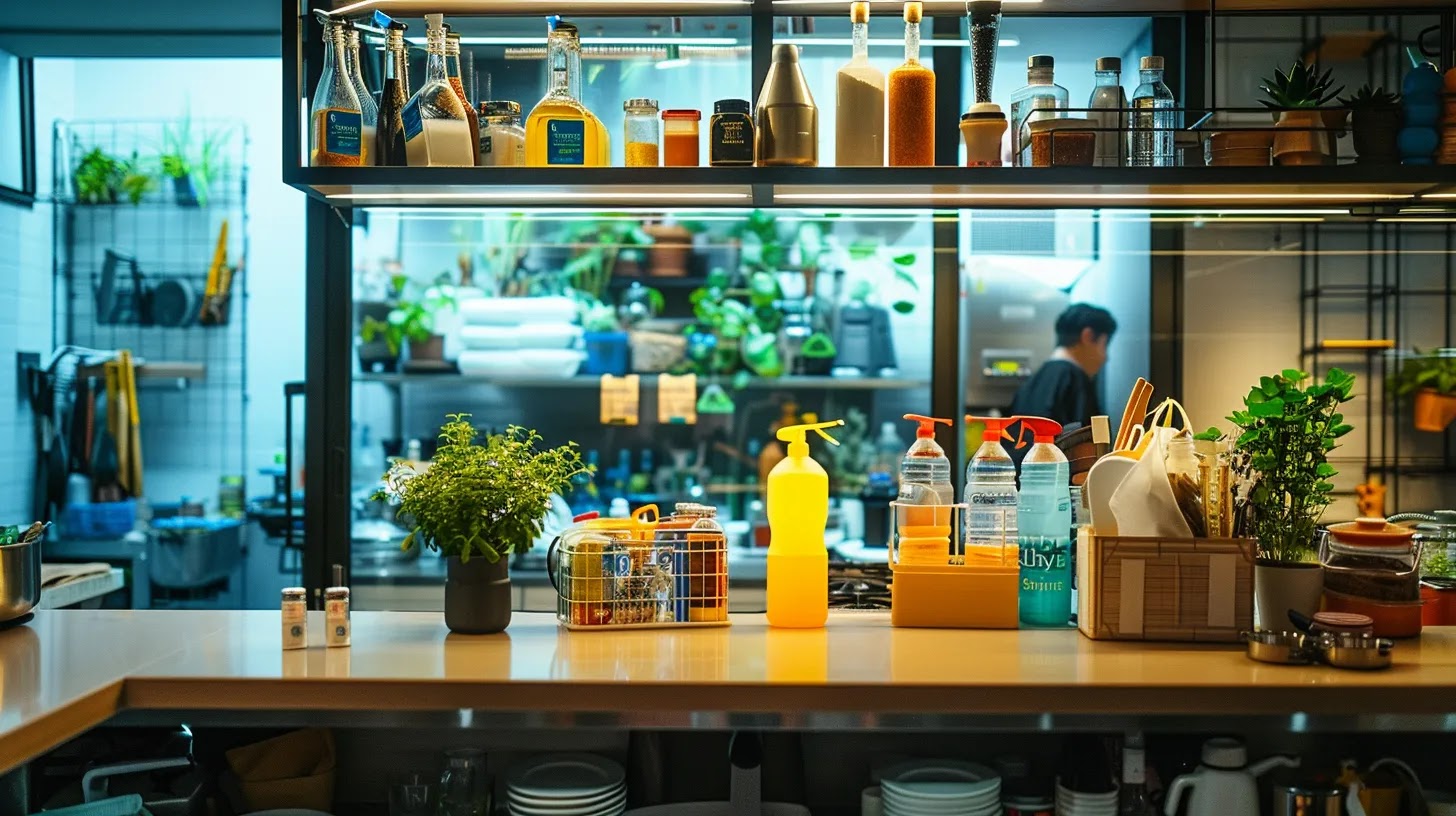 a vibrant, organized urban apartment kitchen showcases an efficient move-in cleaning process, featuring a clear checklist on the counter, eco-friendly cleaning products neatly arranged, and a bustling team collaborating to create a spotless environment.