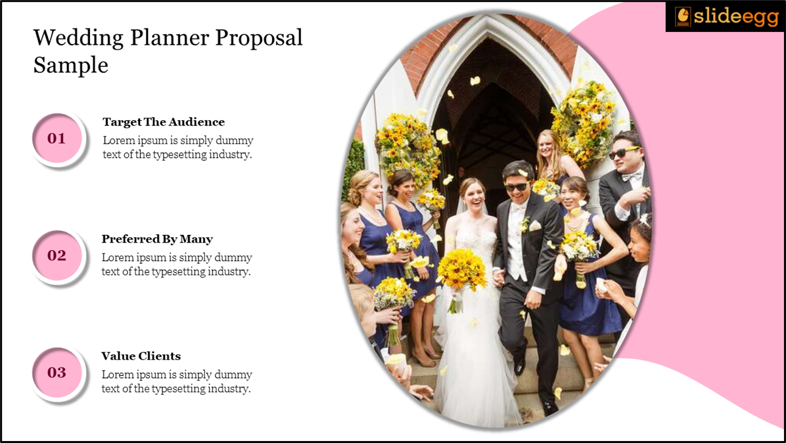 Slide for wedding planner proposal with bullet points and a photo of a wedding scene.