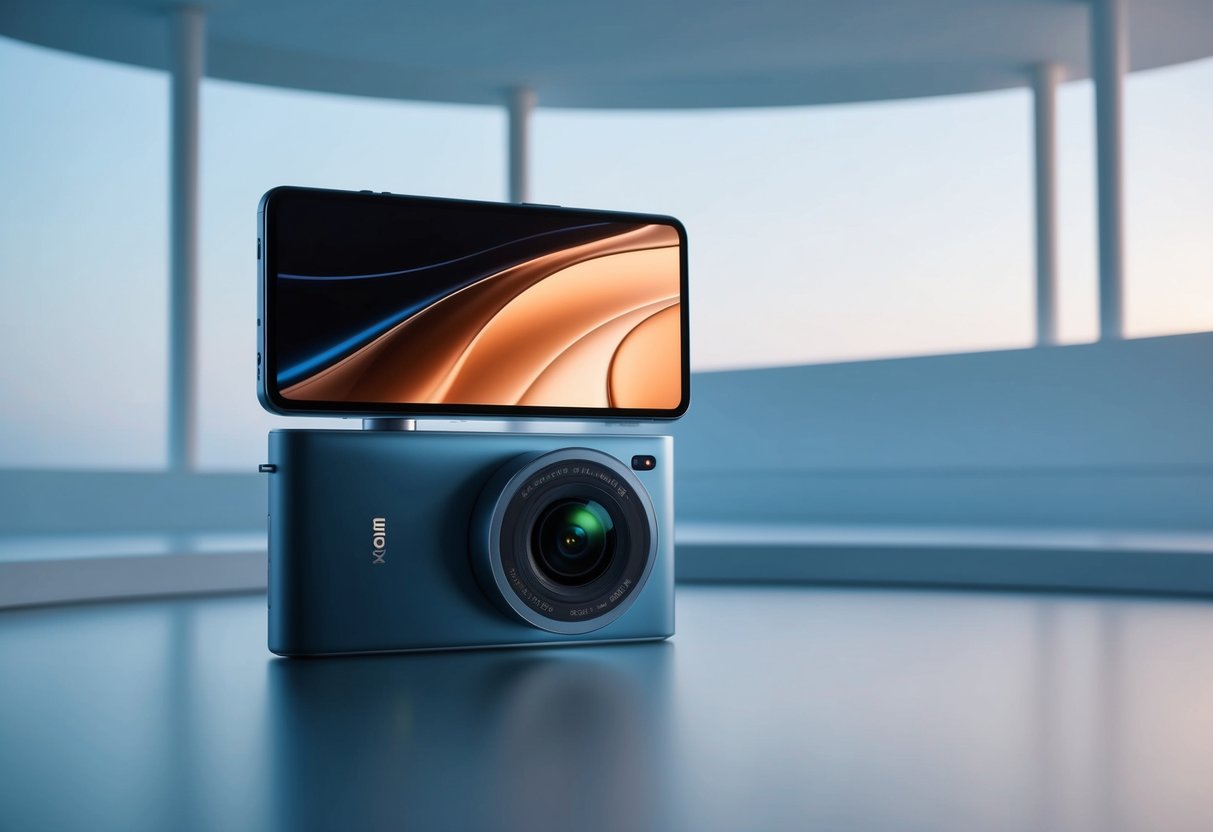 Uma câmera elegante do Xiaomi 14 Pro e um display de alta fidelidade em um ambiente futurista e minimalista, com tecnologia de ponta em exibição.