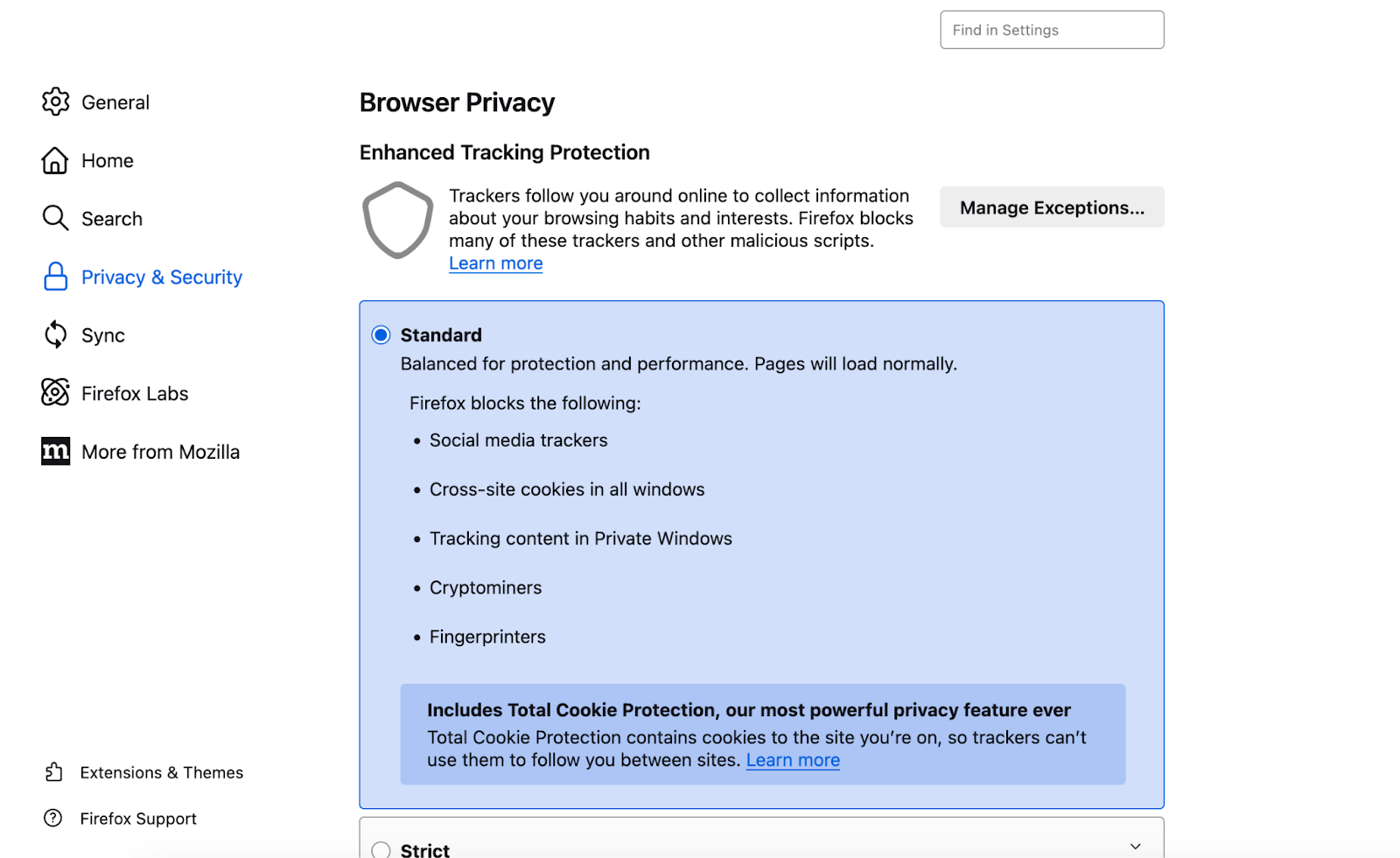Firefox Standard Browser Privacy settings
