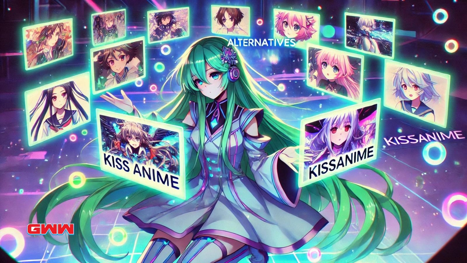 A colorful anime-style scene featuring a futuristic anime character with long, flowing green hair.