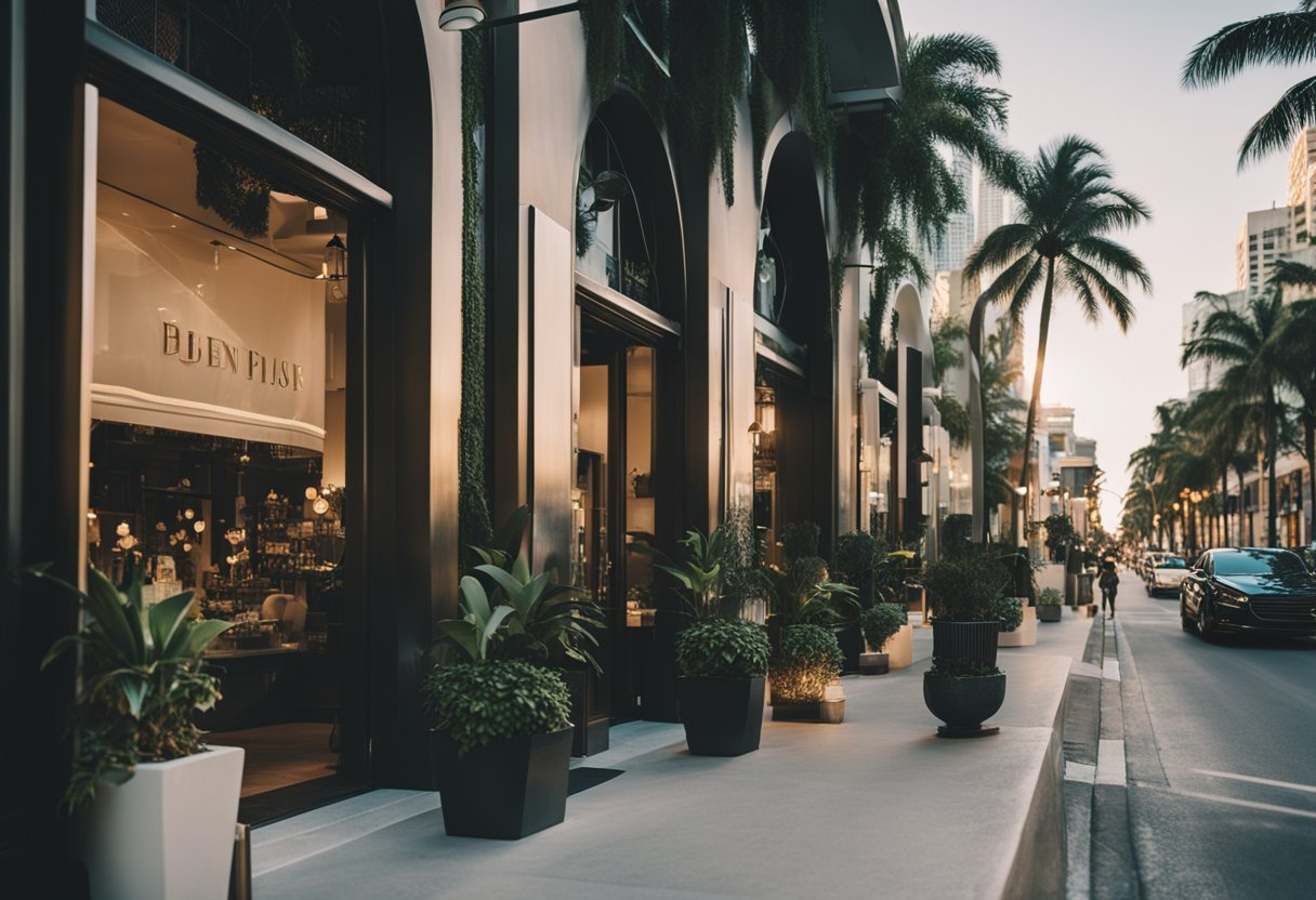 A bustling Miami street lined with high-end boutiques and designer stores, with elegant storefronts and glamorous window displays