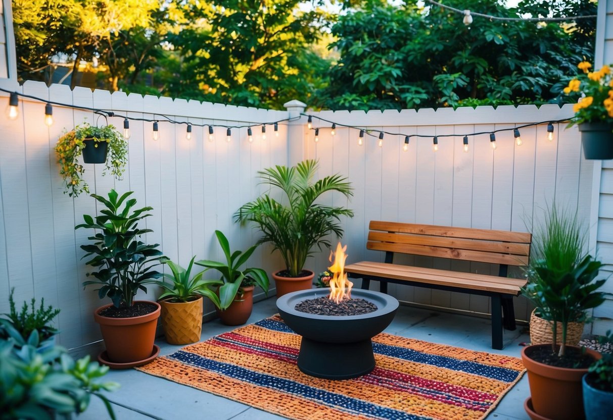 A small backyard with potted plants, hanging string lights, a wooden bench, and a colorful outdoor rug. A small fountain and a DIY fire pit complete the cozy, low-cost landscaping scene