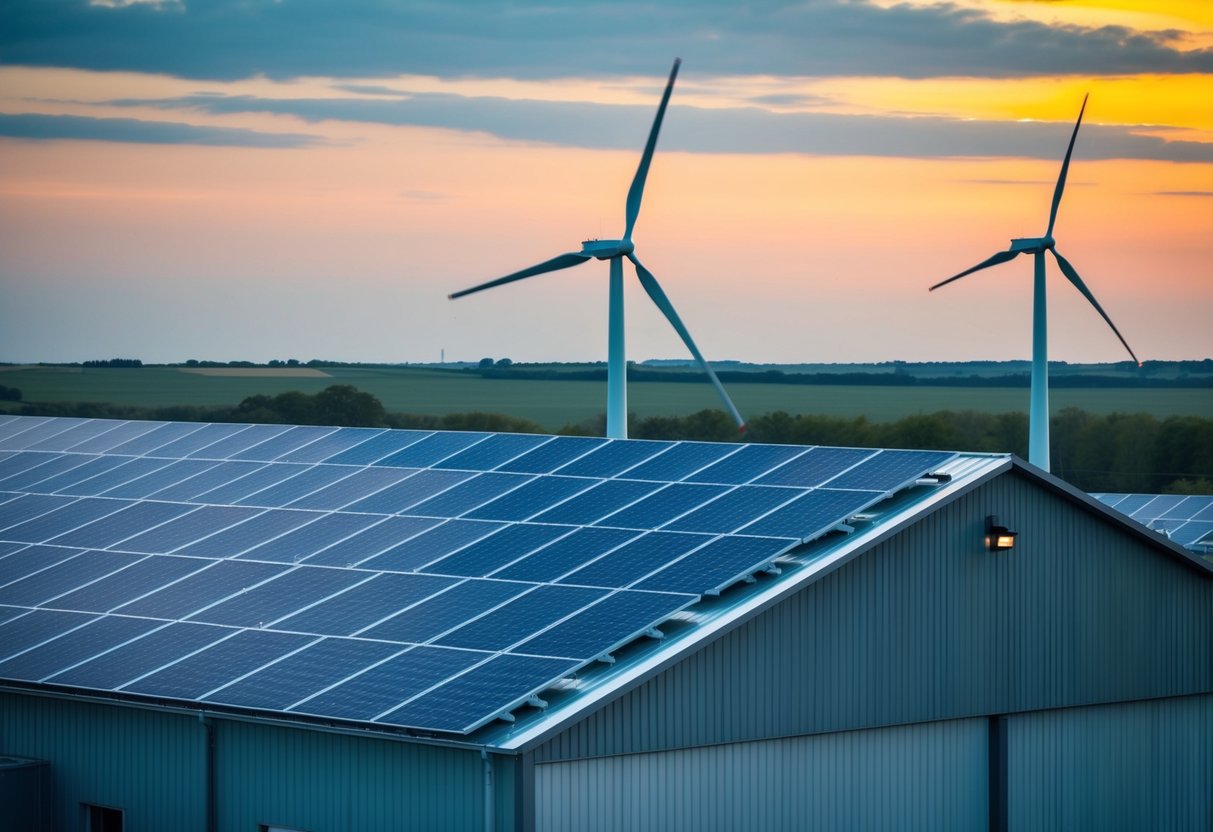 A steel building with solar panels on the roof and wind turbines nearby