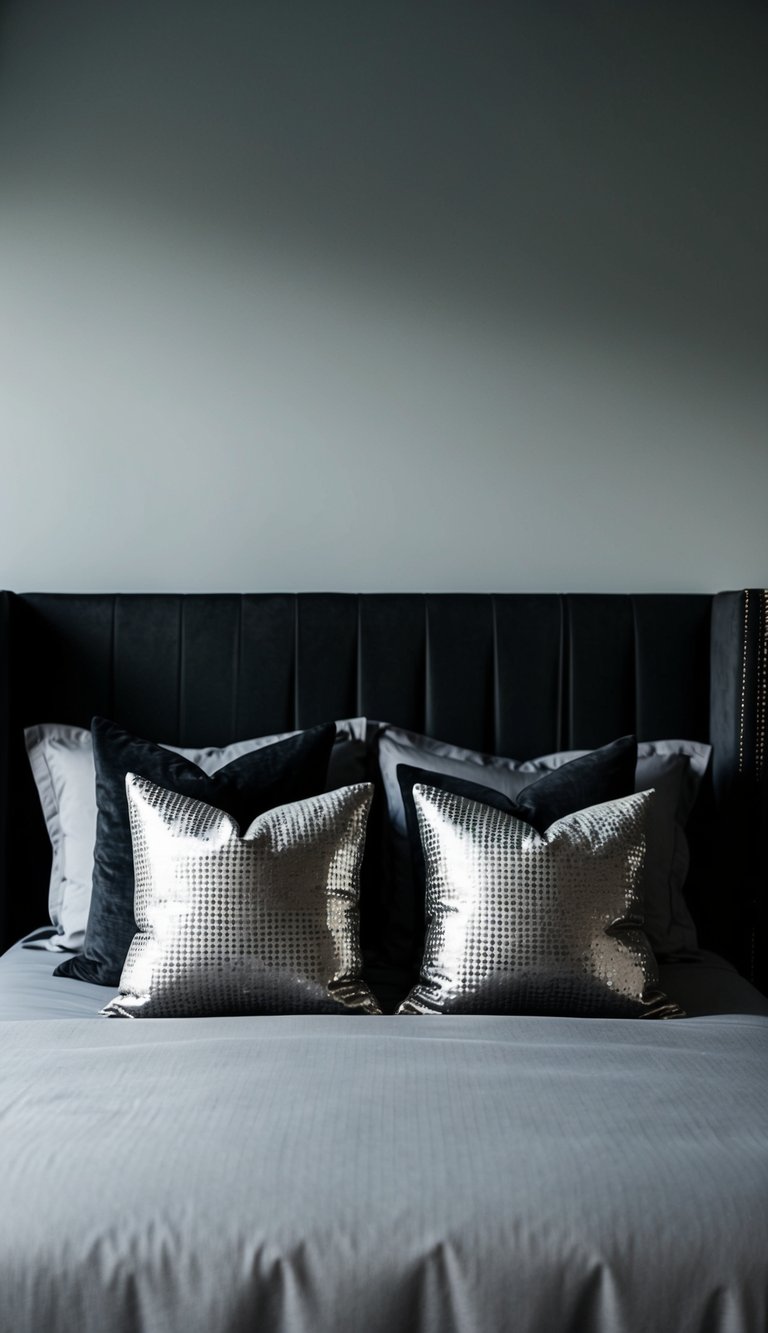 A black and gray bedroom with metallic gray throw pillows on the bed, creating a modern and sophisticated atmosphere