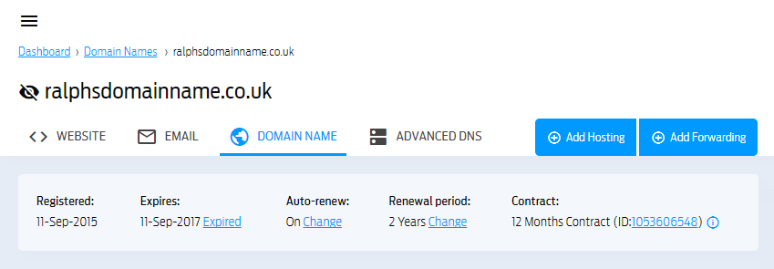 Domain settings and information page in the Fasthosts Control Panel, showing registration and expiry dates and auto-renewal settings