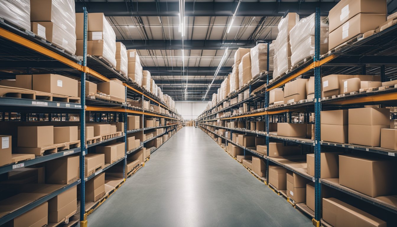 A warehouse with shelves of products, conveyor belts, and workers packing and shipping items