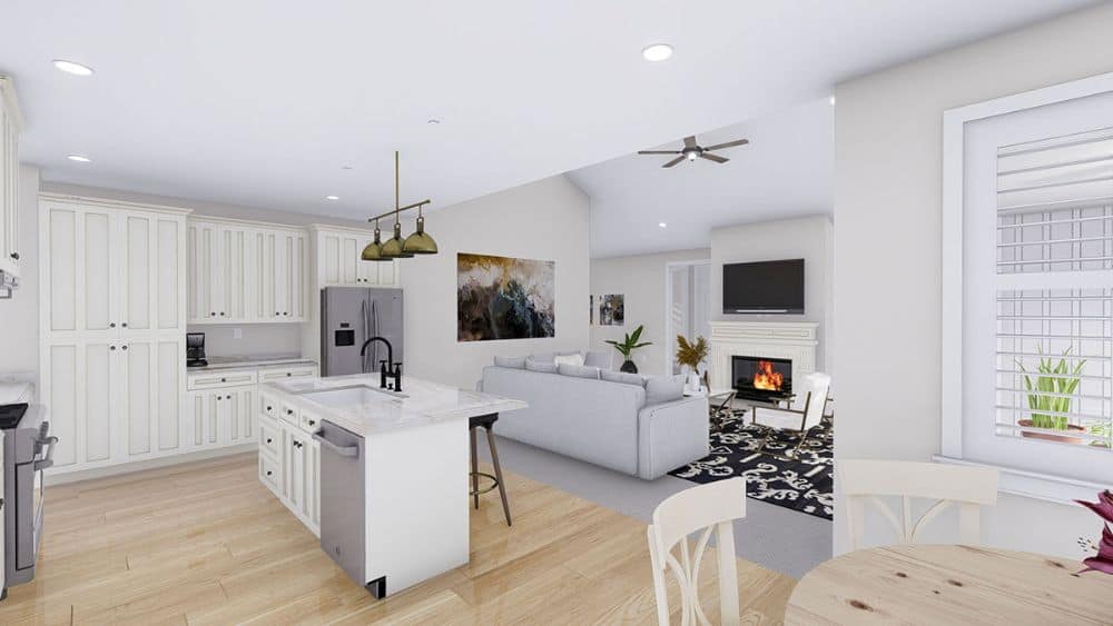 View of the kitchen and living area from the dining room.