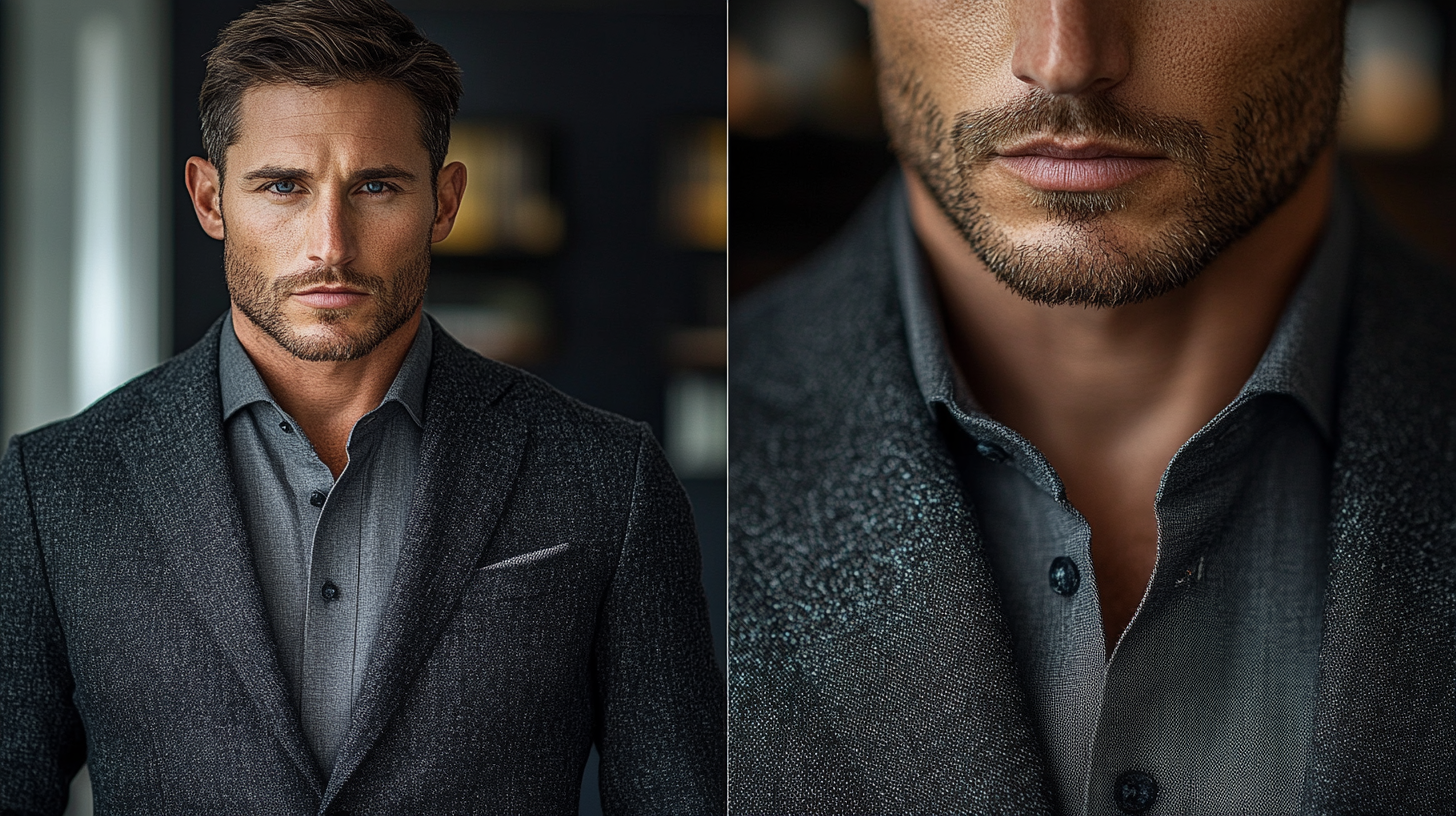 A split-screen image: On the left, a man in a black suit with a grey shirt, giving off a sleek and sophisticated look. The background shows a modern office or a refined casual setting. On the right, a close-up of the grey shirt’s fabric, highlighting its texture with the collar neatly tucked under the black suit. Cool lighting, ultra-detailed, 8K resolution.