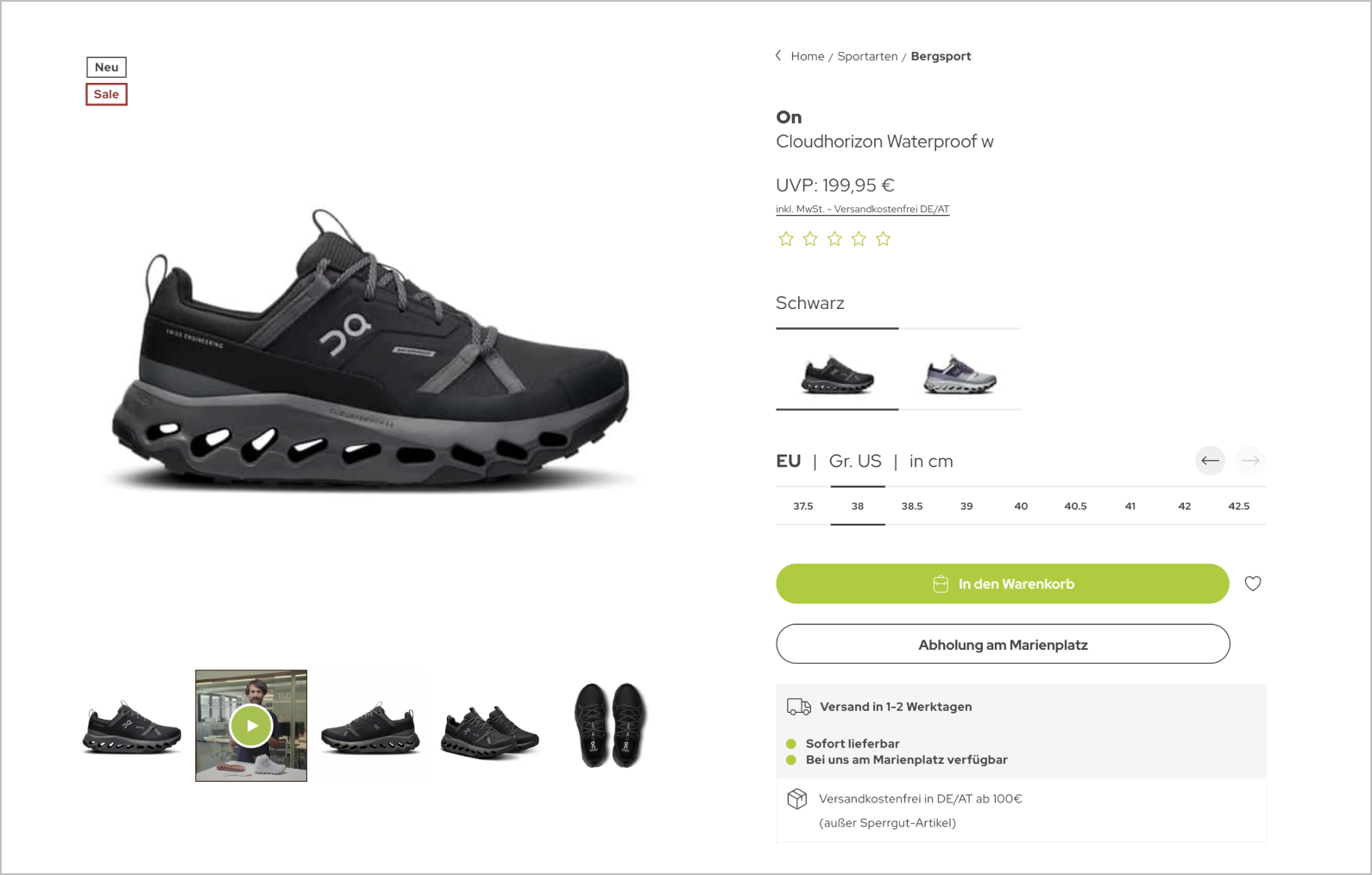 Produktdetailseite des Onlineshops Sport Schuster