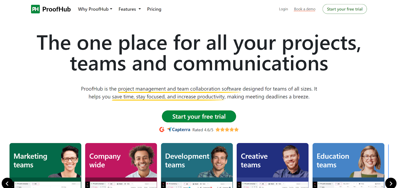 A screenshot of ProofHub's website