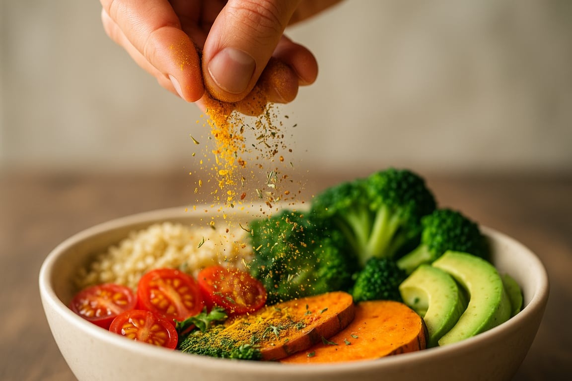 Avocado, brocoli, roșii și cartofi dulci într-un bol peste care se presară condimente 