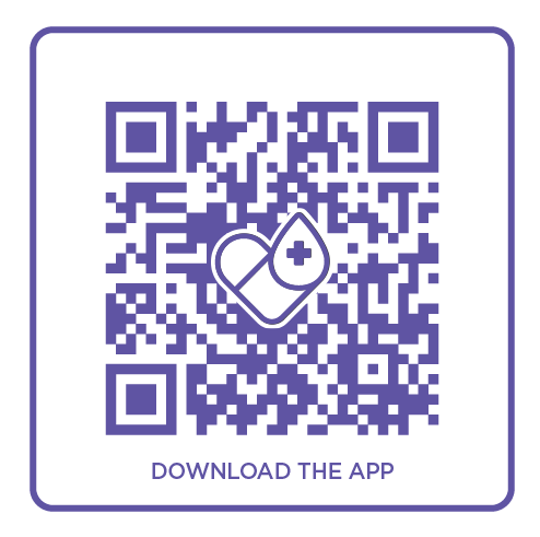 Qr code with a heart and blood drop logo on it  Description automatically generated