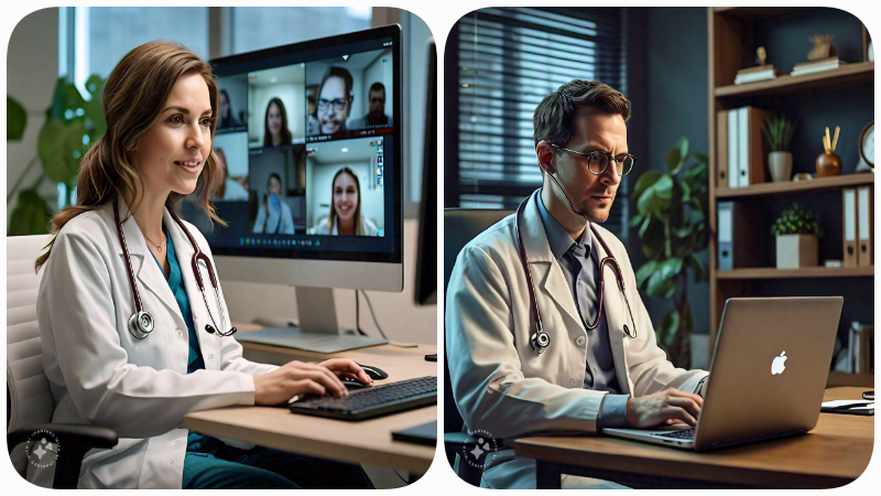 A doctor in a white coat on a video call with a patient, representing telemedicine.