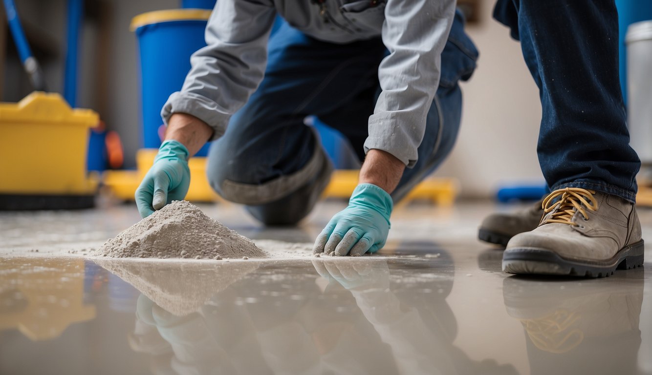 A worker applies primer to clean, dry concrete subfloor before laying down SPC flooring