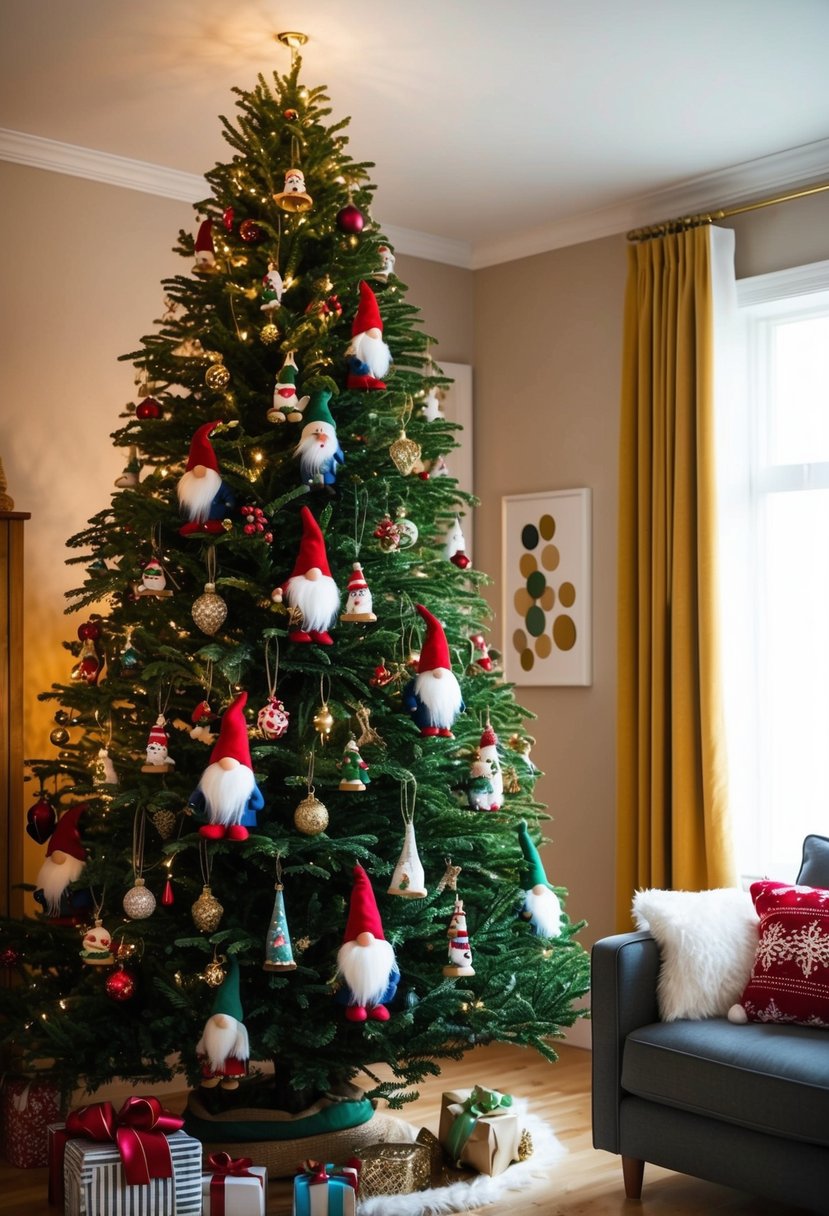 A cozy living room with a tall Christmas tree adorned with Scandinavian gnome ornaments. Warm lighting and festive decor complete the scene