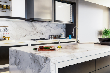 the pros and cons of slab kitchen backsplashes quartz backsplash with marble veining behind waterfall island custom built michigan