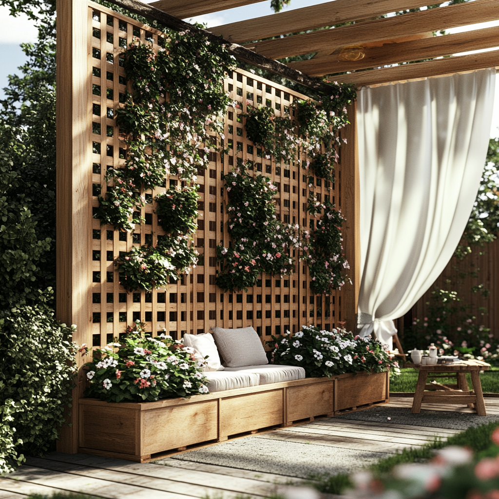 An image of a wooden fence with planters and cushioned seating. 
