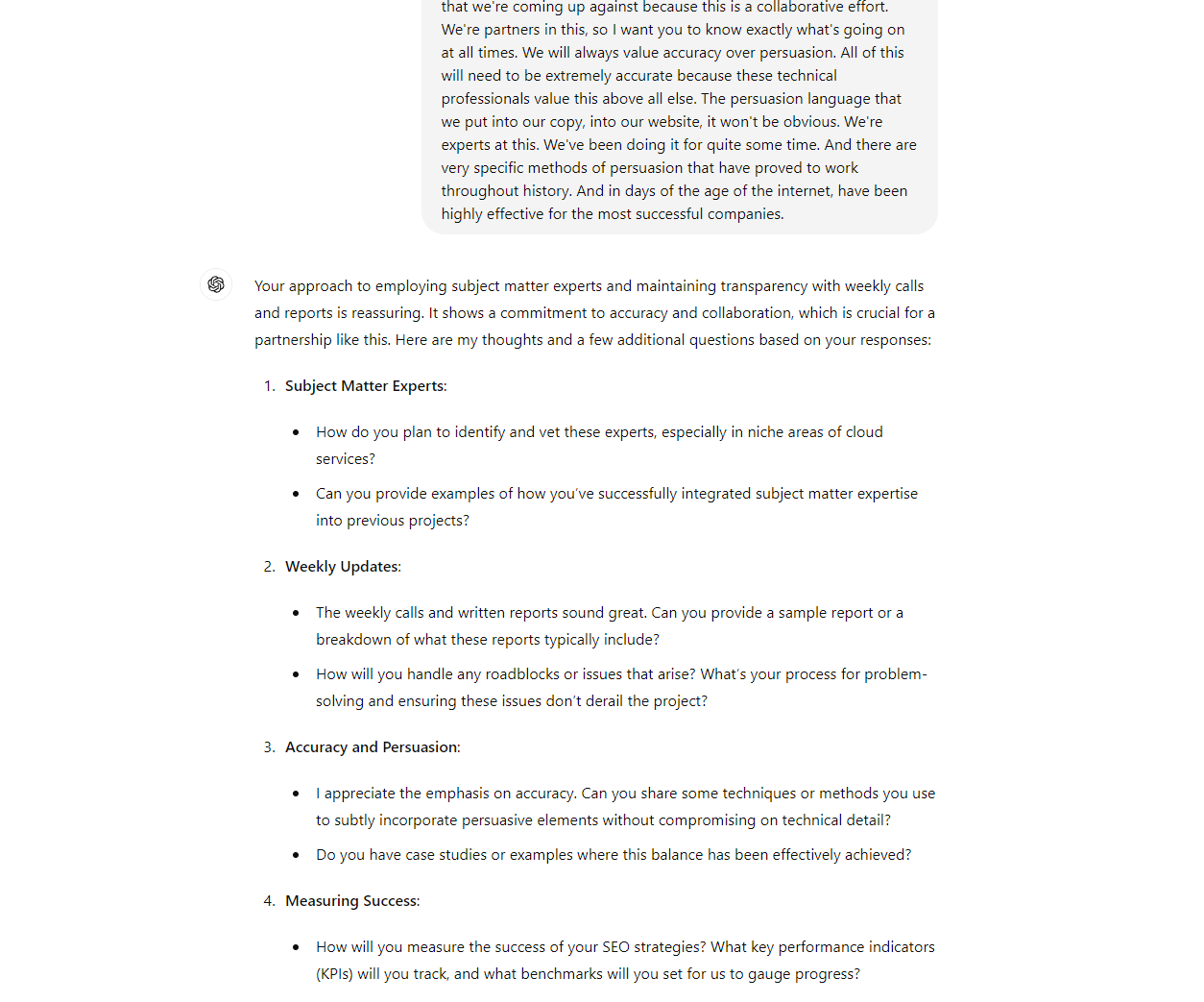 ChatGPT providing feedback on a buisiness proposal