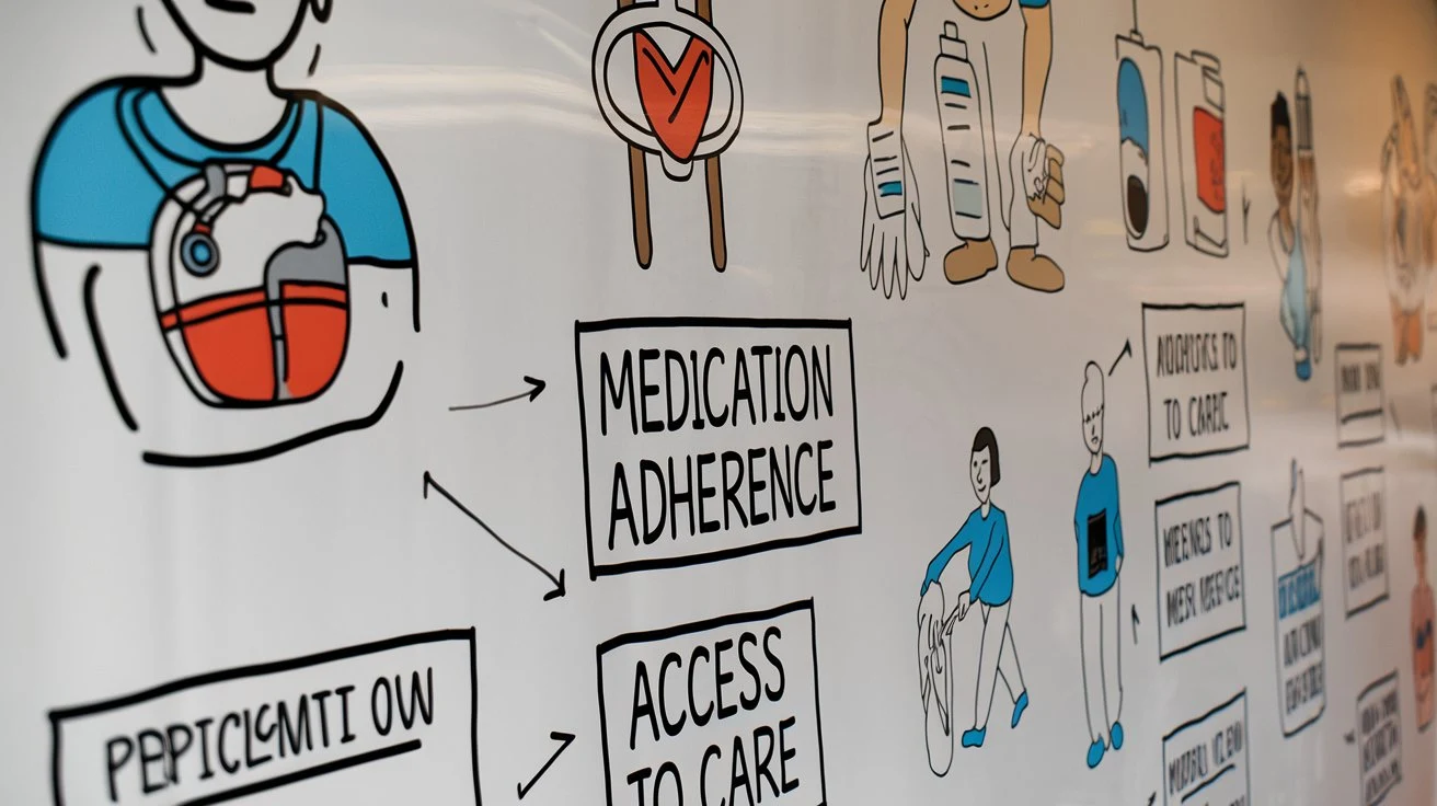 Illustrations of common challenges in chronic disease management, such as medication adherence and access to care, with potential solutions.