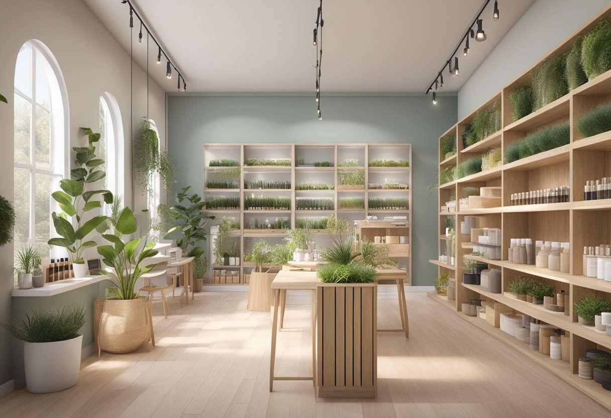 A serene studio space with natural light, sustainable materials, and eco-friendly lash extension products displayed neatly on shelves