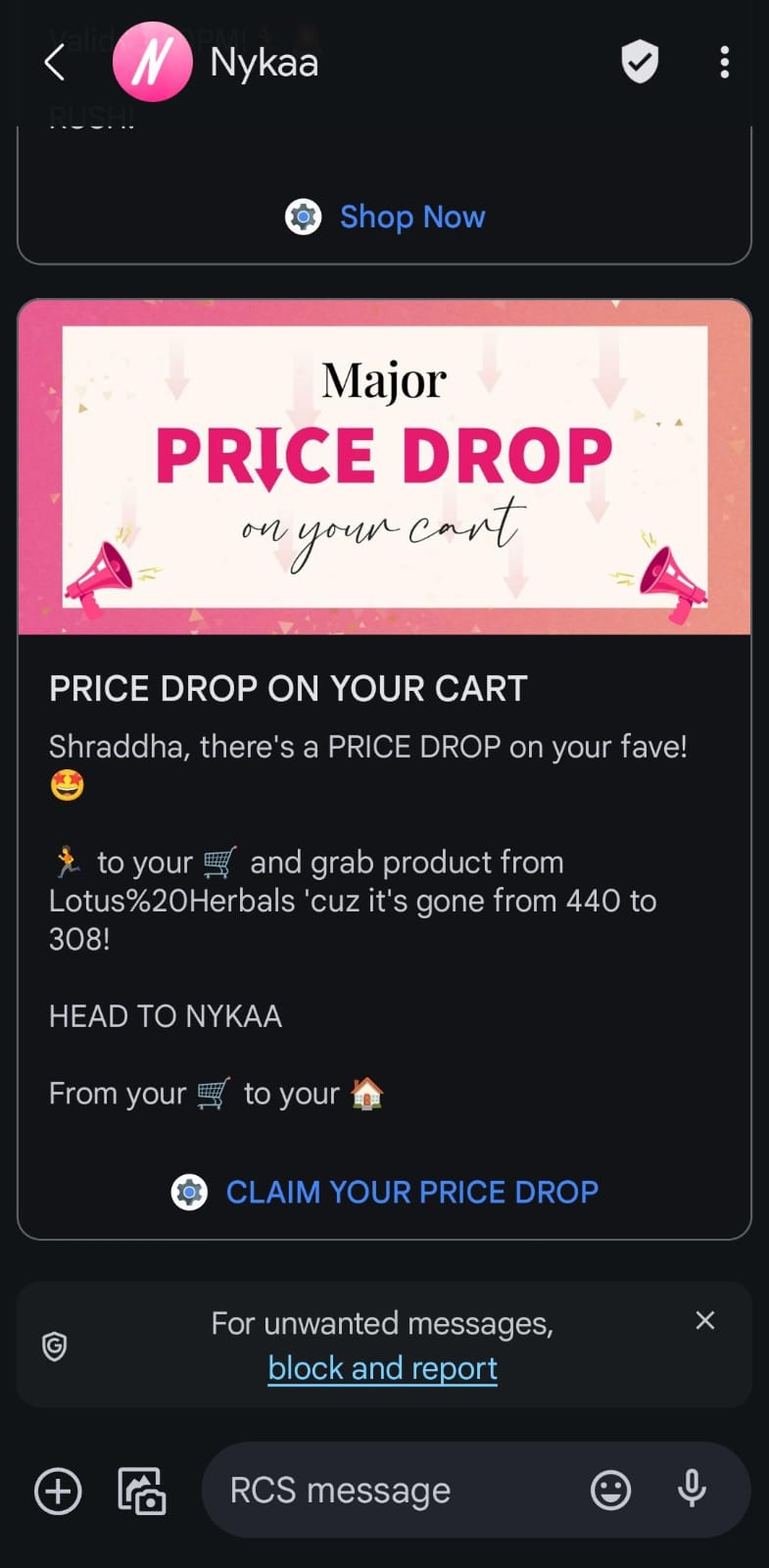 Nykaa's personalized text message reminder