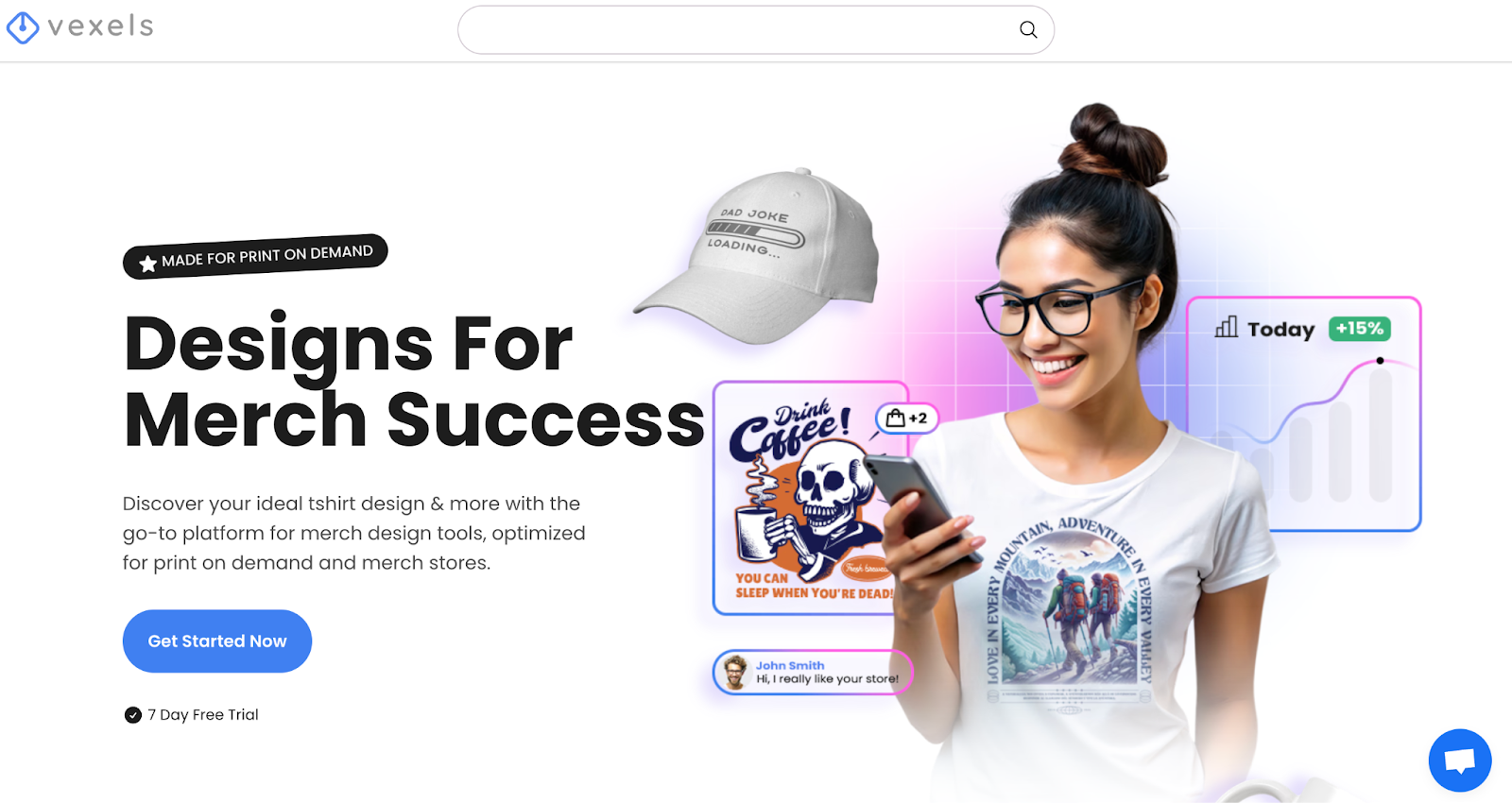 Vexel's home page that says, "design for merch success"