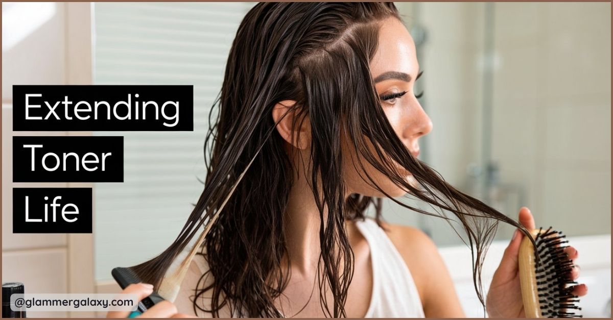 Woman brushing wet hair, obscured face, text “Extending Toner Life” on left.