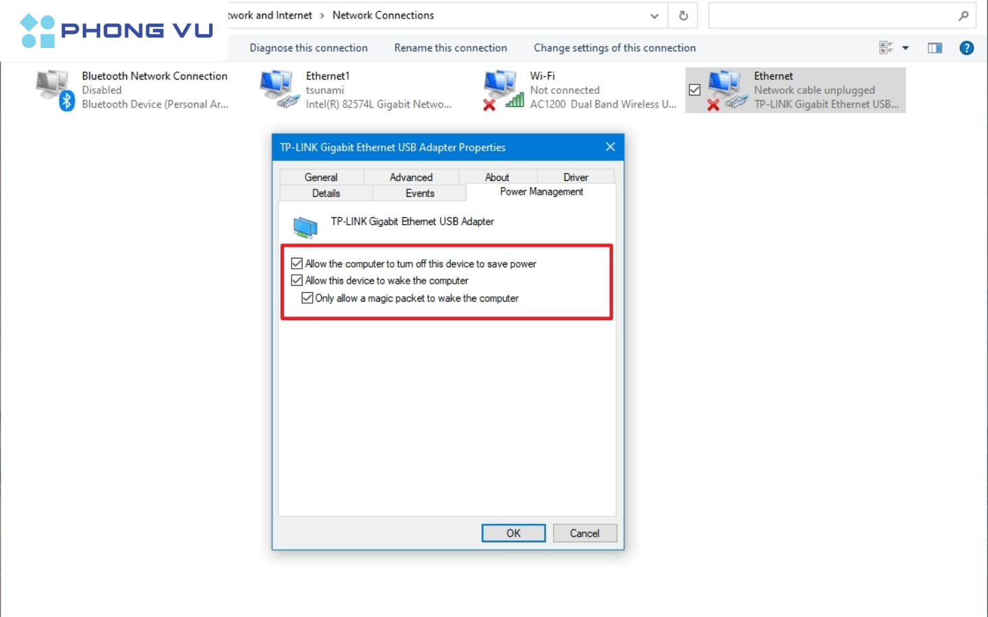 Bỏ tick Allow the computer to turn off this device to save power ở mục Power Management > nhấn OK
