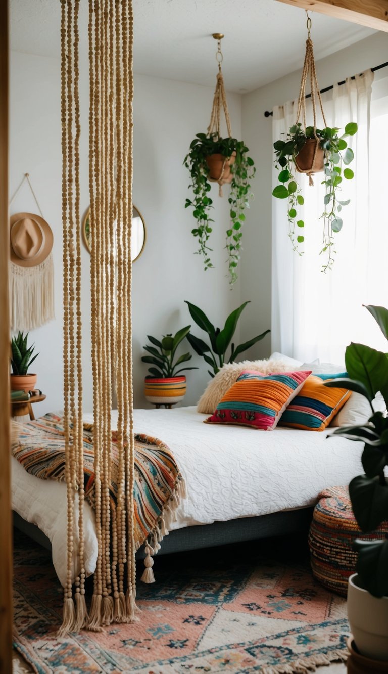 A bohemian bedroom with a beaded curtain divider, hanging plants, colorful throw pillows, and a cozy rug