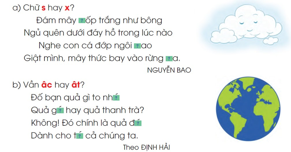 BÀI 17: CHỊ NGÃ EM NÂNGChia sẻSử dụng các mẫu câu Ai làm gì? Ai thế nào? hỏi đáp theo tranhGiải nhanh:Tranh 1: Anh làm gì? Anh thế nào? - Anh chơi trống cùng em gái. Anh rất hiền lành và yêu emTranh 2: Em bé làm gì? Em bé như thế nào? - Em bé đang tưới cây giúp mẹ. Em bé rất ngoan ngoãn và chăm chỉTranh 3: Anh làm gì? Anh như thế nào? - Anh dắt em đi. Anh rất quan tâm đến em BÀI ĐỌC 1: TIẾNG VÕNG KÊUĐọc hiểuCâu 1: Tiếng võng kêu cho biết bạn nhỏ trong bài thơ đang làm gì?Trả lời:Tiếng võng kêu cho biết bạn nhỏ trong bài thơ đang ngủCâu 2: Tìm những hình ảnh cho thấy bé Giang đang ngủ rất đáng yêu?Trả lời:Hình ảnh cho thấy bé Giang đang ngủ rất đáng yêu là: tóc bay phất phơ, vương vương nụ cười.Câu 3: Bạn nhỏ nói gì với em bé trong hai khổ thơ cuối?Trả lời:Bạn nhỏ nói với em bé: “Em ơi cứ ngủ đi. Tay anh đưa đều”.Luyện tâpCâu 1: Tìm từ ngữ:a. Nói về hoạt động, việc làm tốt đối với anh chị emb. Nói về tình cảm anh emGiải nhanh:a. Giúp đỡ, nhường nhịn, nâng đỡ, chăm sóc, quan tâm…b. Yêu thương, quý mến, quý trọng, kính mến…Câu 2: Đặt câu với một từ tìm được ở bài tập 1Giải nhanh:Anh em trong gia đình phải yêu thương nhauAnh chị phải nhường nhịn cho em nhỏ.Bài viết 1Câu 1: Nghe - viết: Tiếng võng kêu (khổ thơ 3 và 4)Giải nhanh:Nghe - viếtCâu 2: Chọn chữ hoặc vần phù hợp với ô trống:Giải nhanh:a. xốp saoxab. nhấtgấc đấttất Câu 3: Chọn chữ hoặc vần phù hợp với ô trống:Giải nhanh:a. cư xử     sử dụng      nước sôi      xôi nếpb. giấc mơ   thật thà      đấu vật     nhấc bổngCâu 4: Tập viết (sgk)Giải nhanh:Tập viết BÀI ĐỌC 2: CÂU CHUYỆN BÓ ĐŨAĐọc hiểuCâu 1: Thấy các con không hòa thuận, người cha gọi họ đến, bảo họ làm gì?Trả lời:Thấy các con không hòa thuận, người cha gọi các con đến và bảo các con ai bẻ được bó đũa thì cha thưởng cho túi tiềnCâu 2: Vì sao không người con nào bẻ gãy được bó đũa? Chọn ý đúnga. Họ họ cầm cả bó đũa mà bẻb. Vì họ bẻ từng chiếc mộtc. Vì họ vẻ không đủ mạnhTrả lời:Không người con nào bẻ gãy được bó đũa vì: Đáp án: a. Họ họ cầm cả bó đũa mà bẻCâu 3: Người cha bẻ gãy bó đũa bằng cách nào?Trả lời:Người cha bẻ gãy bó đũa bằng cách cởi bó đũa ra rồi thong thả bẻ gãy từng chiếc một.Câu 4: Qua câu chuyện, người cha muốn khuyên các con điều gì?Trả lời:Qua câu chuyện, người cha muốn khuyên các con: Anh em trong nhà phải biết yêu thương, đùm bọc lẫn nhau. Có đoàn kết thì mới có sức mạnh.Luyện tập Câu 1: Các dấu phẩy trong câu sau có tác dụng gì?Ông cụ bèn gọi con trai, con gái, con dâu, con rể đến khuyên rănGiải nhanh:Ngăn cách các từ ngữ có cùng chức vụ trong câu.Câu 2: Cần thêm dấu phẩy vào những chỗ nào trong các câu in nghiêng?Anh Sơn đố Linh: “Đố em xe nào được đi trên vỉa hè”. Linh lẩm nhẩm: “Xe máy xe đạp xe xích lô xe bò...”, rồi lắc đầu:- Không xe nào được đi trên vỉa hè đâu. Vỉa hè là của người đi bộ.- Xe nôi được đi trên vỉa hè, em ạ.Giải nhanh:Anh Sơn đố Linh: “Đố em xe nào được đi trên vỉa hè”. Linh lẩm nhẩm: “Xe máy, xe đạp, xe xích lô, xe bò...”, rồi lắc đầu:- Không xe nào được đi trên vỉa hè đâu. Vỉa hè là của người đi bộ.- Xe nôi được đi trên vỉa hè, em ạ.Kể chuyệnCâu 1: Cùng bạn kể tiếp nối các đoạn Câu chuyện bó đũaGiải nhanh:Cùng bạn kể tiếp nối.Câu 2: Kể lại toàn bộ câu chuyện bó đũaTrả lời:Câu chuyện bó đũa1. Ngày xưa, ở một gia đình kia, có hai anh em. Lúc nhỏ, anh em rất hòa thuận. Khi lớn lên, anh có vợ, em có chồng, tuy mỗi người một nhà, nhưng vẫn hay va chạm.2. Thấy các con không yêu thương nhau, người cha rất buồn phiền. Một hôm, ông đặt một bó đũa và một túi tiền trên bàn, rồi gọi các con, cả trai, gái, dâu, rể lại và bảo:- Ai bẻ gãy được bó đũa này thì cha thưởng cho túi tiền.  Bốn người con lần lượt bẻ bó đũa. Ai cũng cố hết sức mà không sao bẻ gãy được. Người cha bèn cởi bó đũa ra, rồi thong thả bẻ gãy từng chiếc một cách dễ dàng.3. Thấy vây, bốn người con cùng nói:- Thưa cha, lấy từng chiếc mà bẻ thì có khó gì! Người cha liền bảo:- Đúng. Như thế các con đều thấy rằng chia lẻ ra thì yếu, hợp lại thì mạnh. Vậy các con phải biết thương yêu, đùm bọc lẫn nhau. Có đoàn kết thì mới có sức mạnh.Bài viết 2Câu 1: Đọc tin nhắn và trả lời các câu hỏi:a. Những ai nhắn tin cho Trang? Nhắn tin bằng cách nào?b. Vì sao anh Tuấn và bạn Bích phải nhắn tin cho Trang bằng cách ấy?c. Anh Tuấn nhắn Trang những gì? Bạn Bích nhắn Trang những gì?Trả lời:- Trả lời câu hỏi:a. Anh Tuấn và Bích nhắn tin cho Trang. Nhắn tin bằng cách viết vào một tờ giấy.b. Anh Tuấn và Bích phải nhắn tin cho Trang bằng cách ấy để truyền đạt thông tin mà hai người muốn gửi đến Trang.c. Anh Tuấn nhắn Trang xôi để trong nồi cơm điện và tối về sẽ có quà sinh nhật tặng Trang. Bích nhắn trang để truyện ở cửa sổ, Trang cất giúp bạn ấy.Câu 2: Chọn 1 trong 2 đề:a. Viết tin nhắn theo tình huống em tự nghĩ rab. Viết tin nhắn theo tình huống sau: Chủ nhật, bố mẹ về quê. Anh đi học vẽ, trưa mới về. Ông ngoại đón em đến nhà ông bà chơi và ăn cơm ở đó. Hãy nhắn tin để anh biết.Giải nhanh:a. Nam đến nhà tặng Hải cuốn sách nhưng cửa mở mà không ai ở nhà. Nam viết tin nhắn cho Hải7 giờ sáng Chủ nhậtNam à! Sáng nay Hải đến nhà chơi và tặng Nam cuốn sách nhưng không ai ở nhà. Nam có để cuốn sách trên kệ tủ nhé! Chúc Nam đọc sách vui vẻ!Bạn: Quang Hảib. 7 giờ sáng thứ Chủ nhậtAnh Hải ơi!Sáng nay, ông ngoại đến chơi và đón em sang nhà ăn cơm. Anh đi học vẽ về thì lấy cơm mẹ chuẩn bị sẵn ở trên bàn nhé! Em sang ông bà chơi chiều em về ạ!Em gáiNgọc Lan.Góc sáng tạo