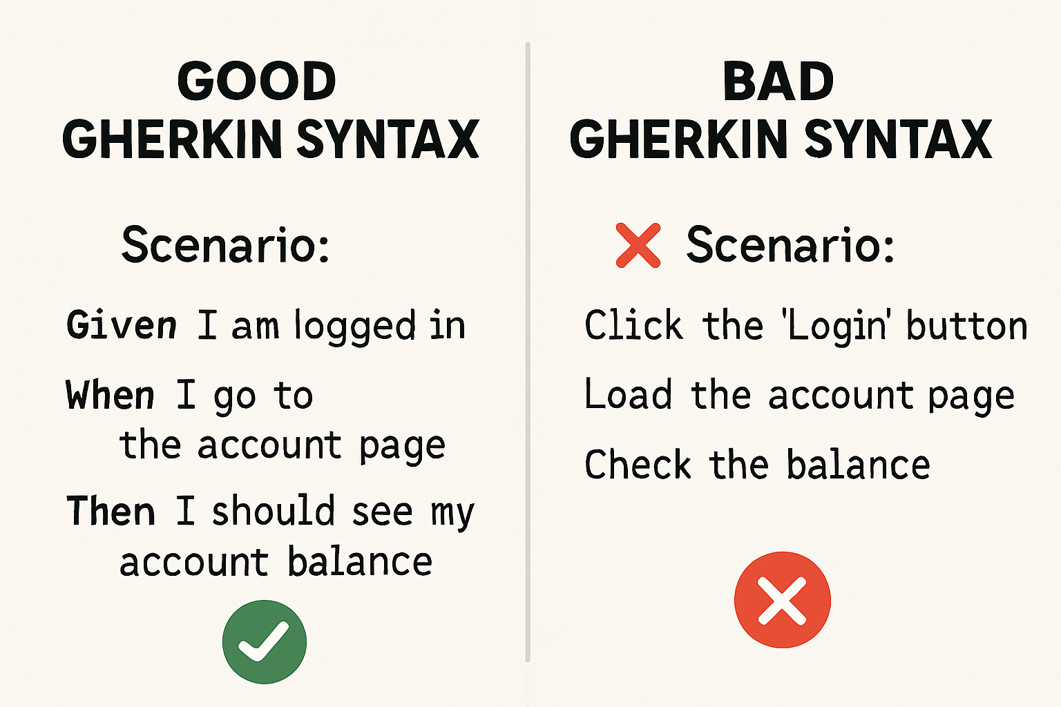 Comparison of effective and ineffective Gherkin syntax examples for BDD testing