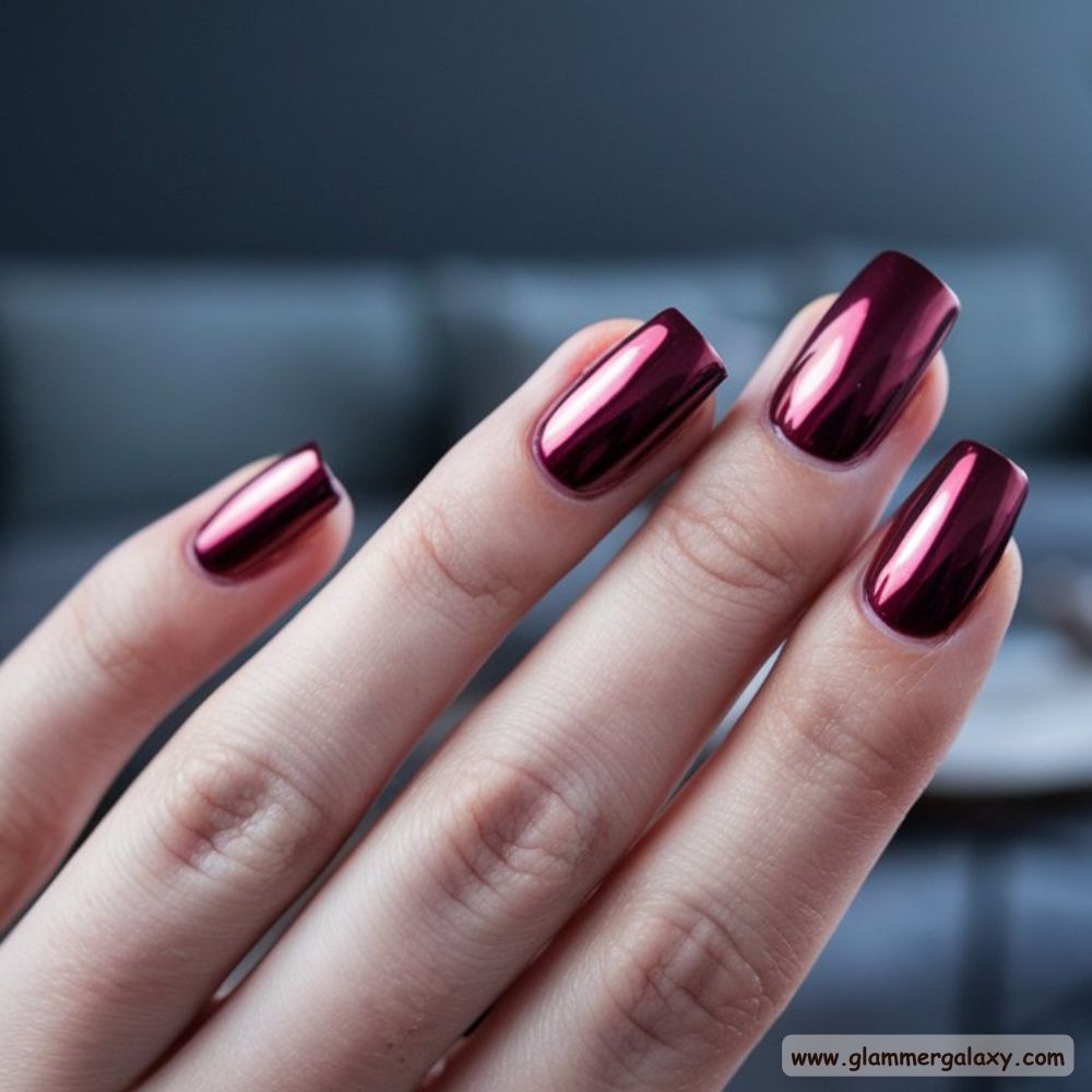 Burgundy fall Nails with Sleek Burgundy Chrome