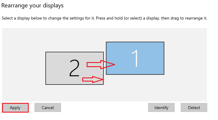 A screenshot of the Windows display monitor with arrows indicating how arranging the displays affects how the mouse can move between the monitors.