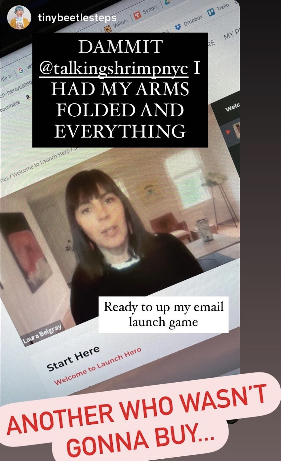 A smartphone screenshot of an Instagram Story by the user "tinybeetlesteps" shows a computer screen displaying a website or webinar. On the screen is a paused video featuring Laura Belgray with straight dark hair and bangs, sitting in a well-lit room with artwork on the wall and a desk behind her. Text on the video says "Ready to up my email launch game." Overlaid text in bold white font on a black background reads: “DAMMIT @talkingshrimpnyc I HAD MY ARMS FOLDED AND EVERYTHING.” At the bottom of the Story, a red caption in all caps says, “ANOTHER WHO WASN’T GONNA BUY…” suggesting a humorous change of heart regarding a purchase or course enrollment.