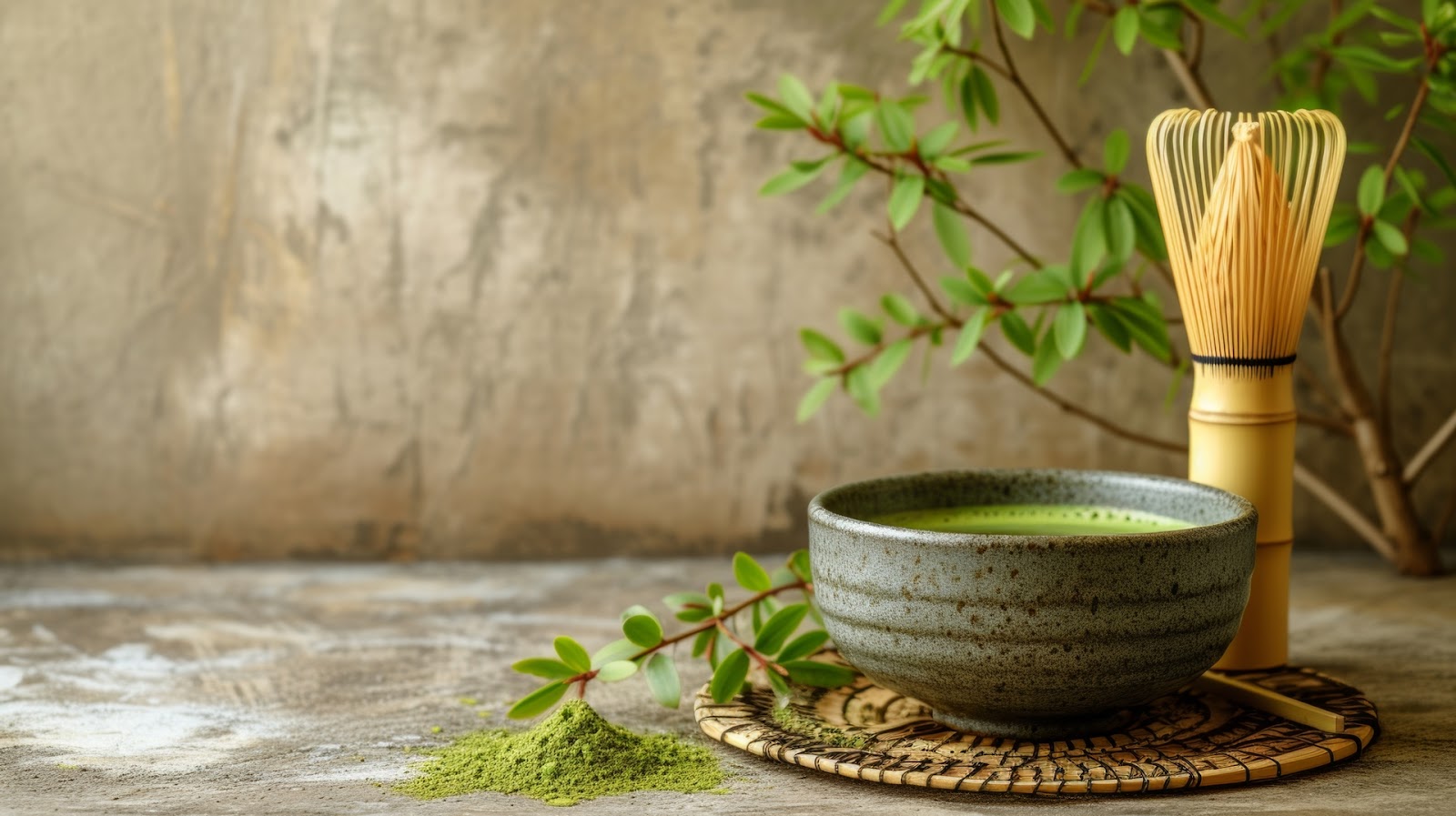 A Japanese matcha tea preparation, showcasing a vibrant green tea bowl and a bamboo whisk.
