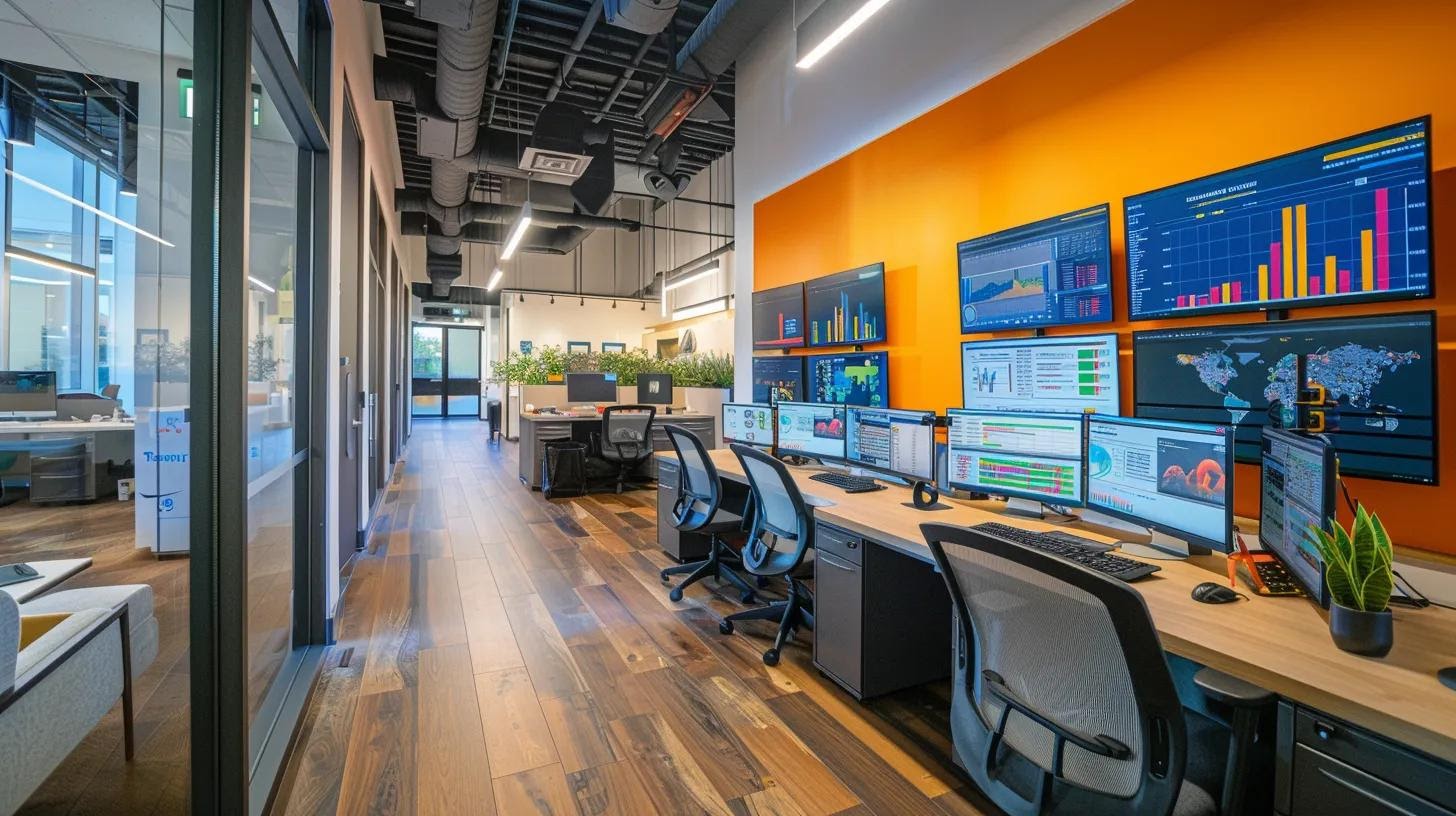 a sleek, modern office workspace is filled with multiple computer screens displaying colorful graphs and analytics dashboards, highlighting the dynamic process of keyword competition analysis and digital marketing strategy development.