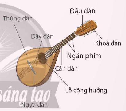 HOẠT ĐỘNG KHỞI ĐỘNG- GV tổ chức cho HS chơi trò chơi “Nghe âm thanh đoán tên nhạc cụ”. - GV chia HS thành các nhóm (4 HS) nghe các đoạn âm thanh chơi nhạc cụ và ghi tên nhạc cụ vào bảng tương tác. Gợi ý đáp án:HOẠT ĐỘNG HÌNH THÀNH KIẾN THỨC- GV trình chiếu cho HS quan sát và giới thiệu chung về đàn mandoline.- GV chia HS thành các nhóm (4- 6 HS) thực hiện các nhiệm vụ:+ Quan sát, ghi nhớ tên đàn, hình dáng và các bộ phận cấu tạo của đàn. + Vẽ lại cây đàn vào giấy và ghi tên các bộ phận của đàn. + GV lưu ý HS sẽ tắt máy chiếu để HS nhớ lại và vẽ cây đàn. Nội dung ghi nhớ:+ Đàn có tên là mandoline. + Đàn mandoline có hình quả lê.+ Đàn gồm có các bộ phận: Đầu đàn.Khóa đàn. Ngăn phím. Cần đàn. Dây đàn.Lỗ cộng hưởng. Thùng đànNgựa đàn. + Là nhạc cụ dây gẩy, được phát triển vào thế kỉ 18 ở Ý và Đức. + Đàn có kích thước nhỏ, hộp đàn làm bằng gỗ. + Đàn có 4 dây thép làm bằng kim loại, được chỉnh cao độ tương ứng với 4 nốt từ thấp lên cao gồm: Son, Rê, La, Mi.  HOẠT ĐỘNG LUYỆN TẬP, THỰC HÀNH