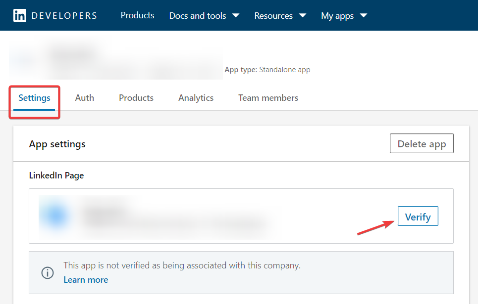 LinkedIn Developers portal on the Settings tab highlighting the “verify” button