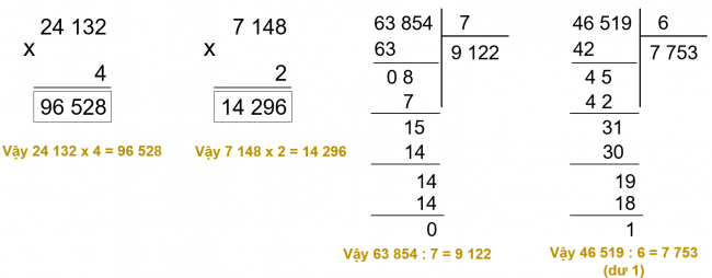 BÀI 72. LUYỆN TẬP CHUNGLUYỆN TẬP 1Bài 1: Tính nhẩm:a) 2 000 x 4 x 5 b) 20 000 x (10 : 5)   36 000 : 6 : 2     80 000 : (2 x 4)   30 000 : 3 x 6     15 000 : (27 : 9)Giải nhanh:a) 40 000 b) 40 000    3 000     10 000    60 000     5 000Bài 2: Đ, S?Giải nhanh:a) Đb) Sc) SBài 3: Đặt tính rồi tính24 132 x 4                              63 854 : 77 148 x 2                                46 519 : 6Giải nhanh:Bài 4: Nam có 2 tờ tiền loại 20 000 đồng, số tiền đó vừa đủ để mua 8 quyển vở. Hỏi mỗi cuốn vở giá bao nhiêu tiền?Giải nhanh:Giá tiền mỗi cuốn vở là: 20 000 x 2 : 8 = 5 000 đồng.Bài 5: Tính giá trị biểu thứca) 36 459 : 9 x 3 b) 14 605 x 6 : 5Giải nhanh:a) 12 153b) 16 926LUYỆN TẬP 2