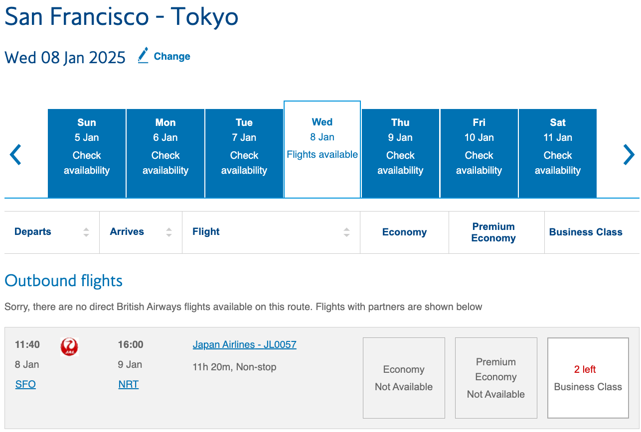 SFO to NRT flights on British Airways