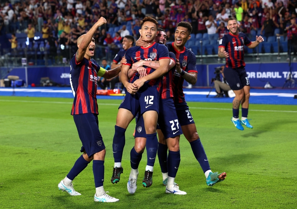 JDT player Arif Aiman celebrates his goal with teammates during the AFC Champions League Elite (ACLE) match against Pohang Steelers FC at Sultan Ibrahim Stadium, Iskandar Puteri, February 18, 2025. — Bernama pic 