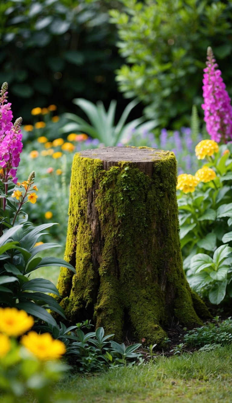 A moss-covered garden stump nestled among lush greenery and colorful blooms in a tranquil corner of the garden