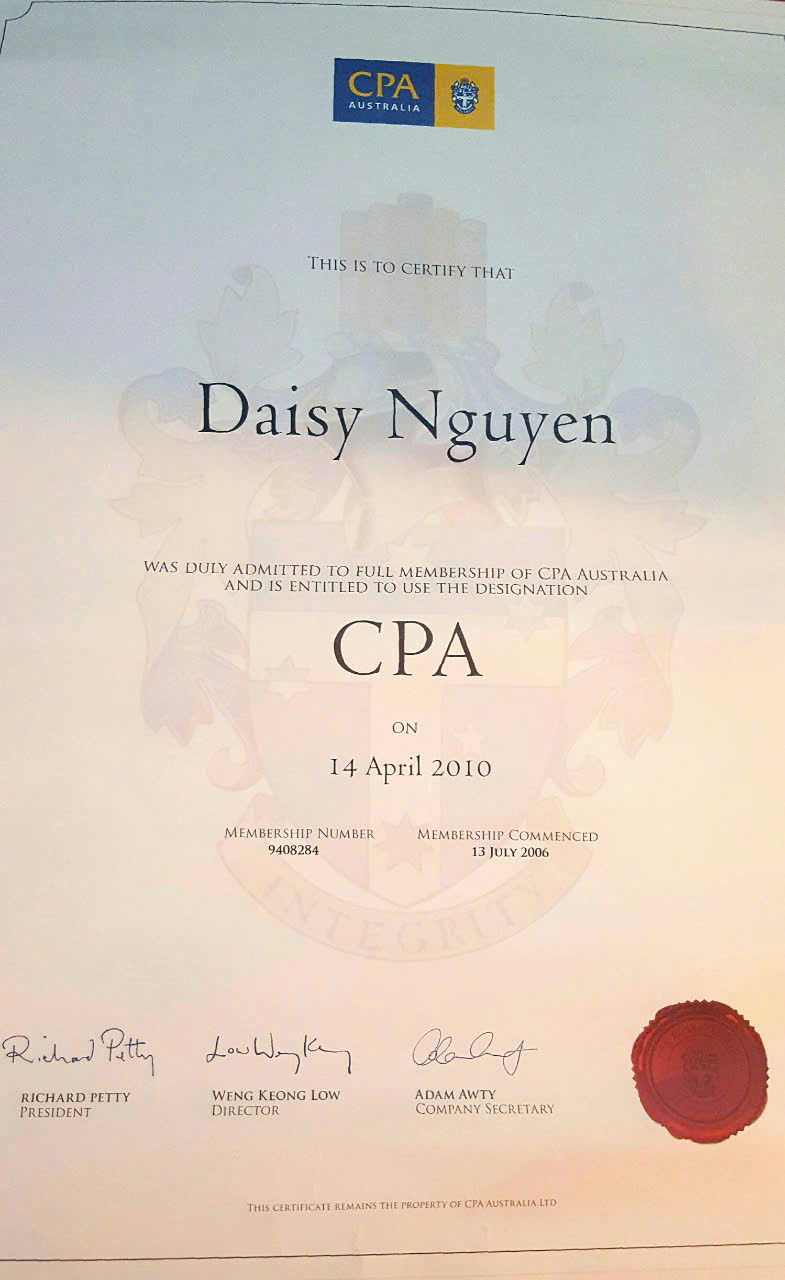 Chứng chỉ CPA của chị Daisy Nguyễn