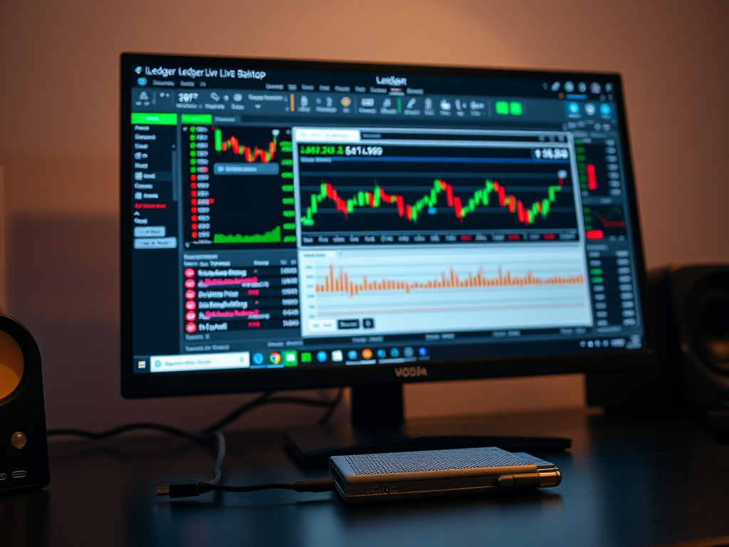 Create a realistic image of a sleek computer screen displaying a trading interface with multiple charts, graphs, and currency pair listings, focusing on a Ledger Live Desktop window in the center showing optimized trading features, with a physical Ledger hardware wallet connected via USB visible in the foreground, all set on a modern desk with soft ambient lighting to highlight the screen's content.