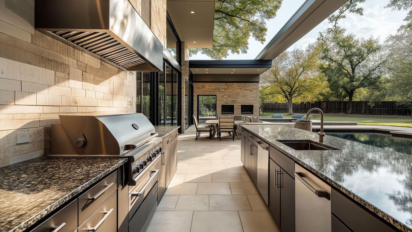 A kitchen with a grill and a barbecue

AI-generated content may be incorrect.
